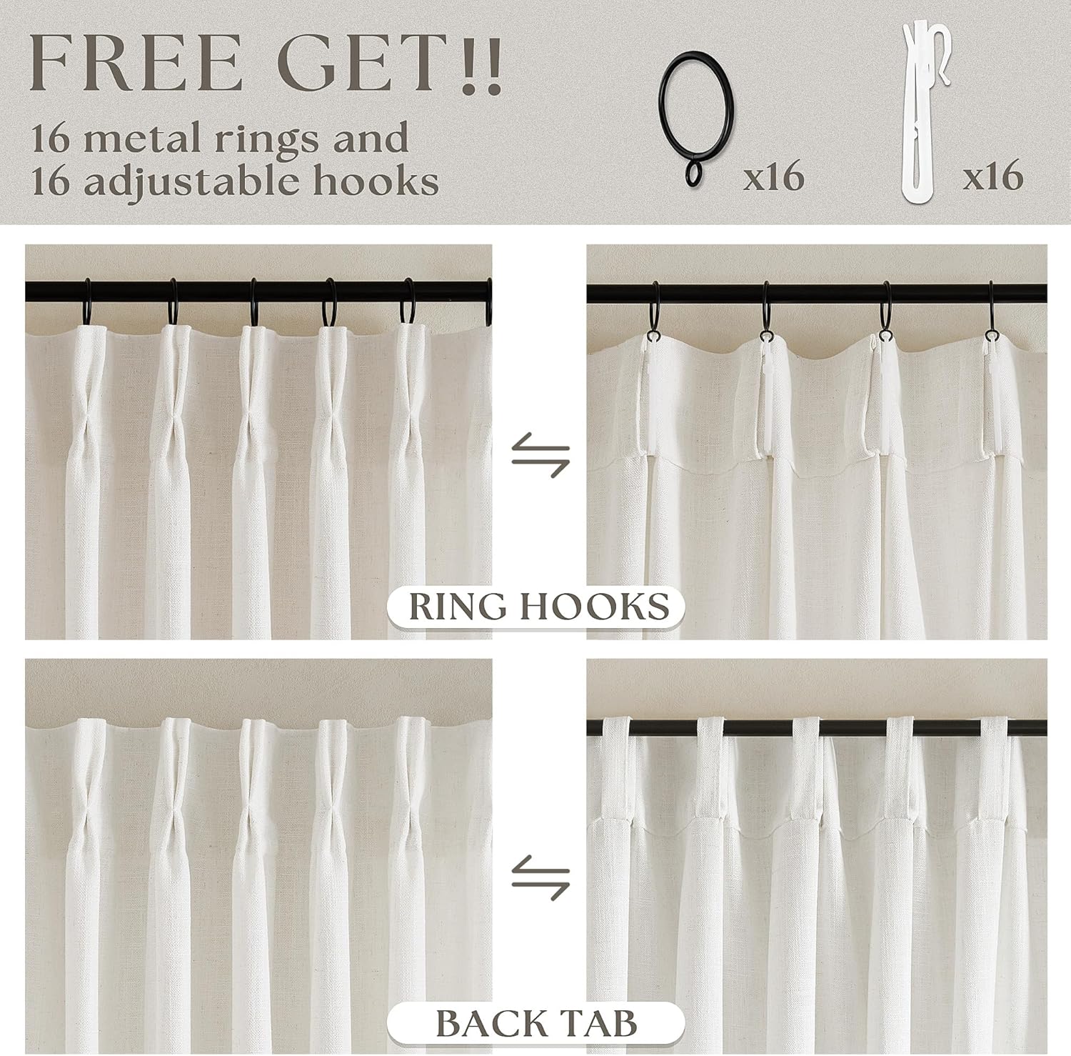 Pinch Pleated Linen Curtains 108 Inches Long for Living Room 2 Panels Set Cream Ivory Flax Double Pleated Drapes Back Tab Neutral Boho Ceiling Floor 108 Inch Window Curtains Bedroom Natural Birch