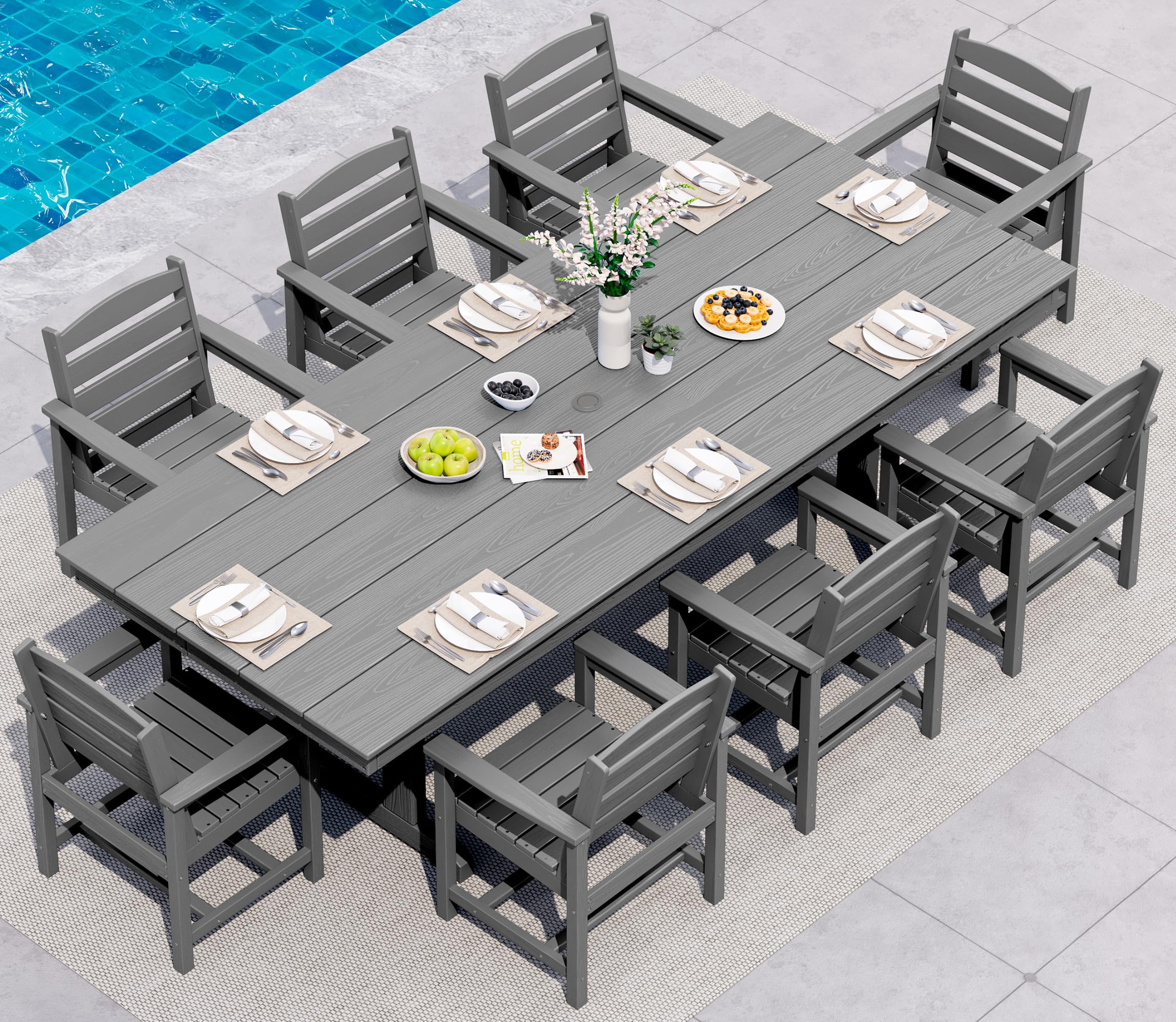 SERWALL 9 Piece Outdoor Dining Set, 84" HDPE Large Patio Dining Furniture Set for 8, with Pre-drilled Umbrella Hole, Outdoor Tables and Chairs Set for Garden, Brown