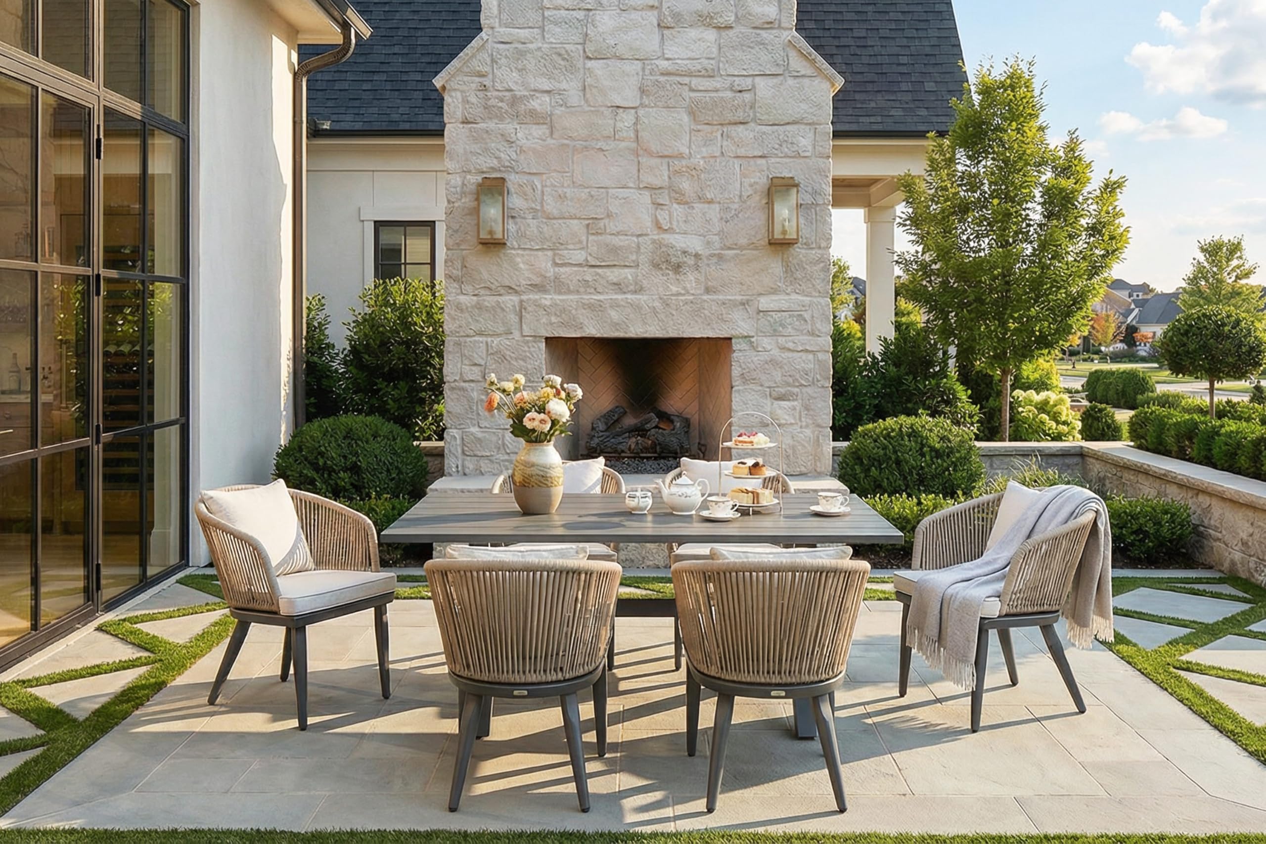 PURPLE LEAF 9 Pieces Patio Dining Set Wicker Outdoor Furniture Rectangular Table and Chairs Set for Garden Deck Teak-Finish Aluminum Frame Backyard Kitchen Set, Cushions and Pillows Included