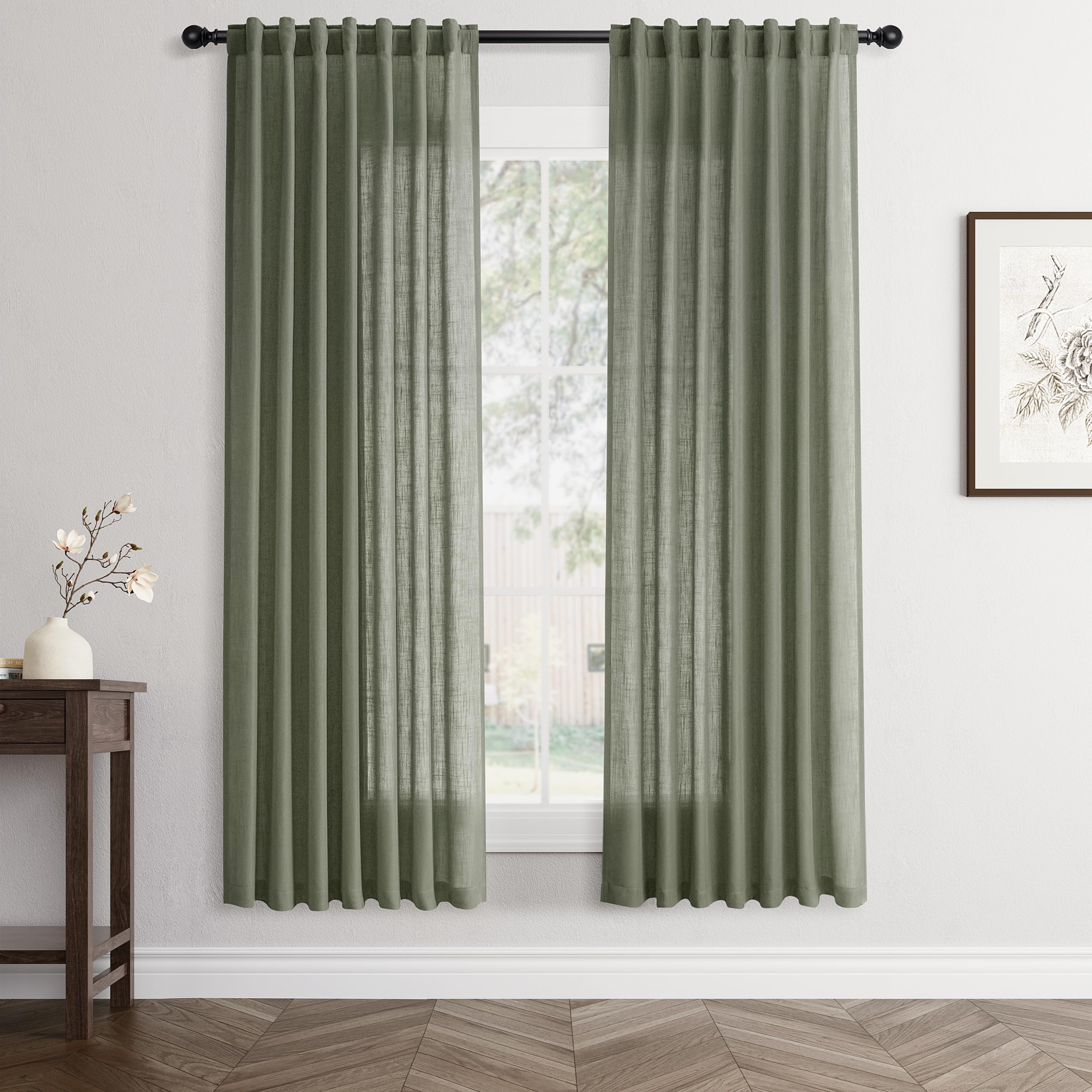 Flax Linen Beige Curtains 96 inches Long 2 Panel for Living Room Back Tab Pocket Drapes Semi Sheer Privacy Khaki Window Curtain Country Rustic Farmhouse Cloth Curtain for Dinning Room Tan