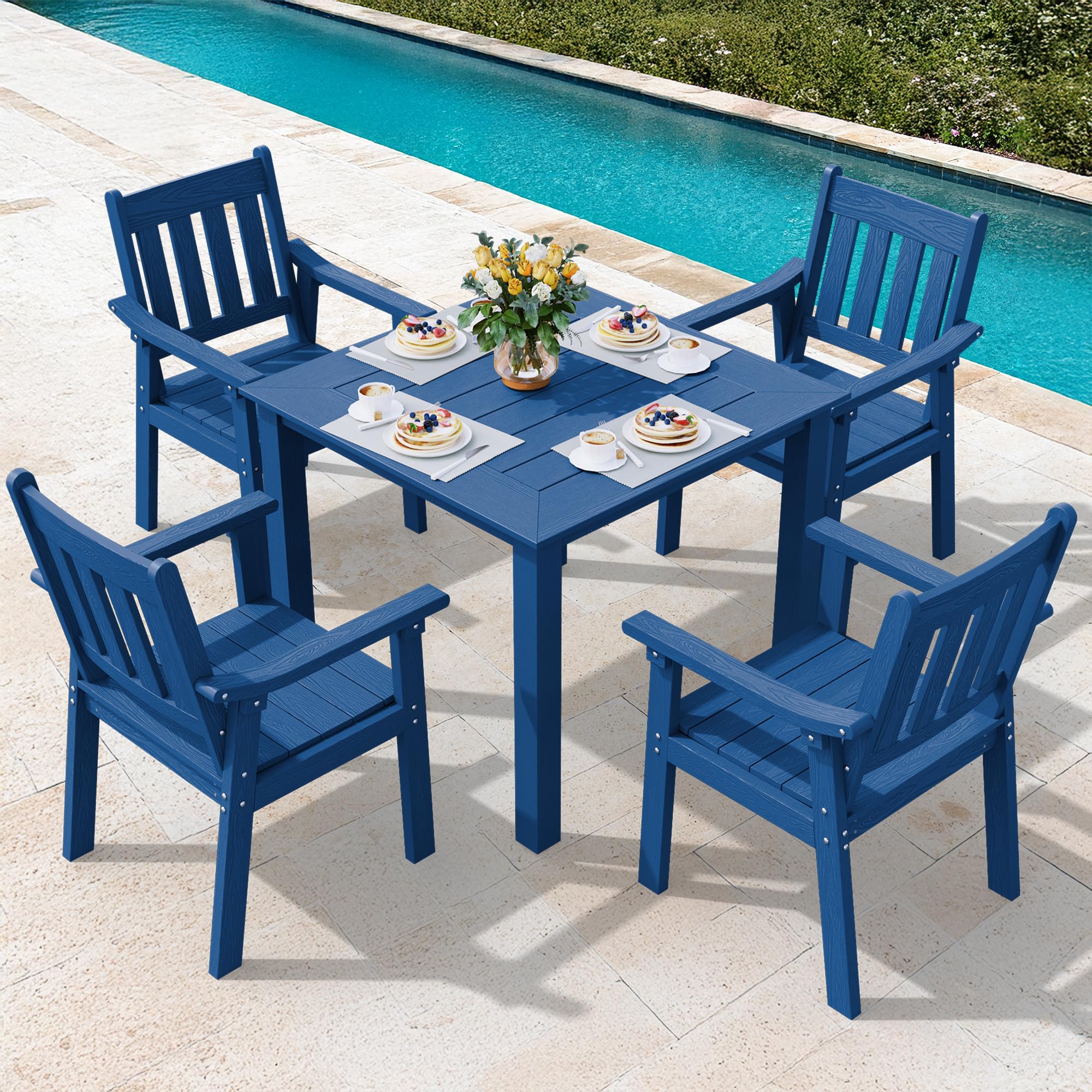 YEFU HIPS Patio Table Set: 7 Piece Outdoor Table and Chairs Dining Furniture Set with Umbrella Hole - Teak Modern Plastic Dining Sets 6 Person for Outside Deck with Metal Aluminum Frame