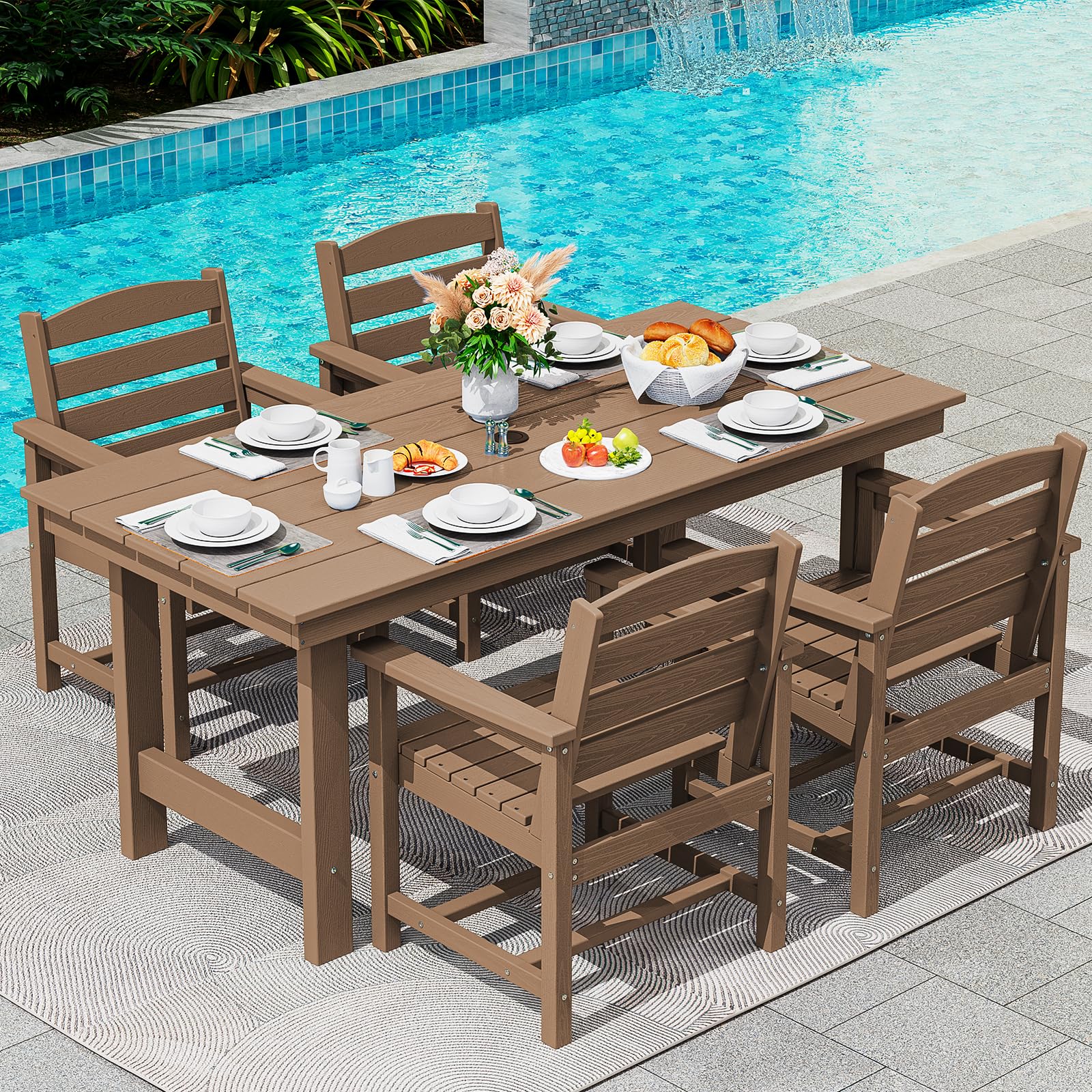 SERWALL Patio Dining Sets for 6 Person, HDPE Dining Set with 6 Armless Chairs, Black