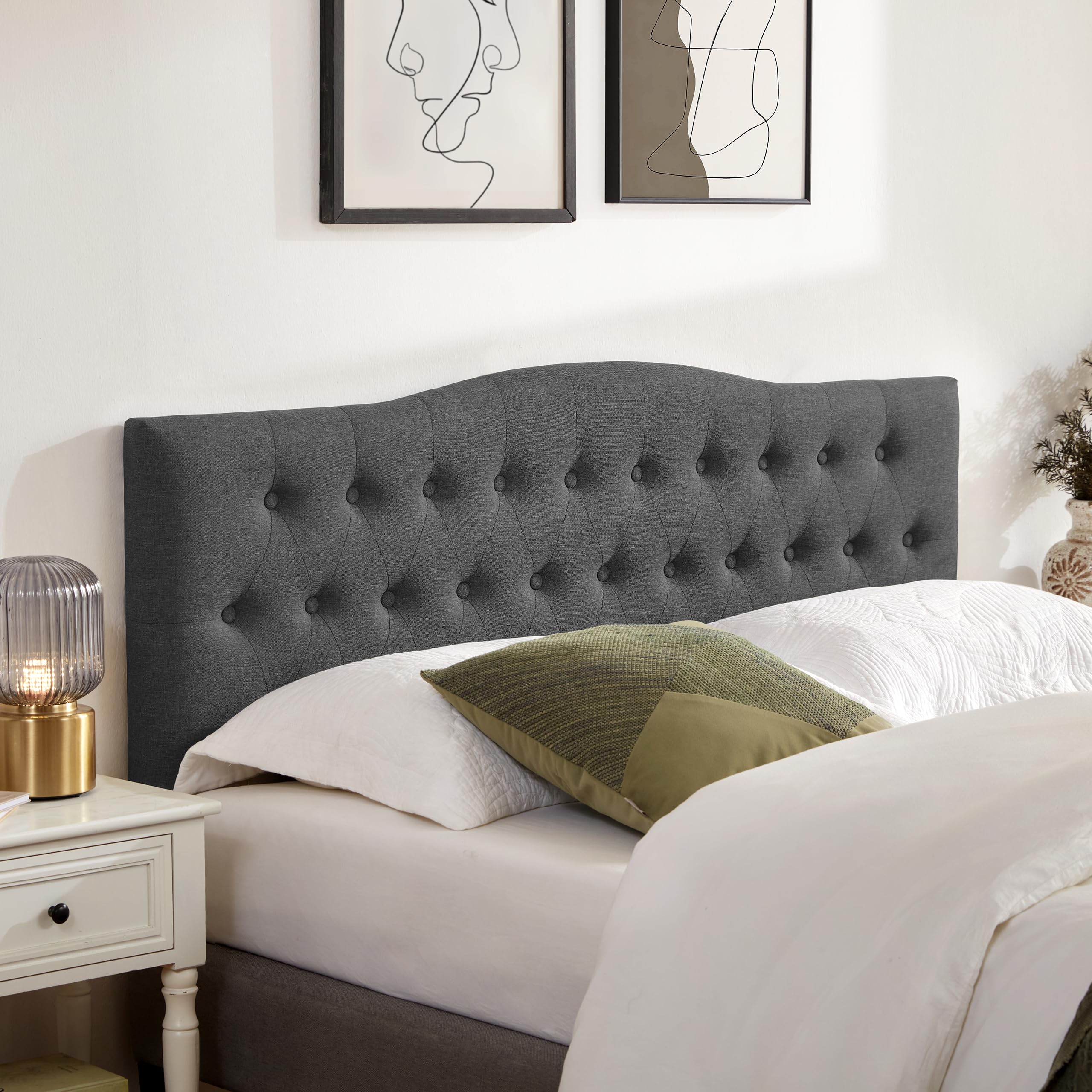 Huatean Home Tufted Upholstered Headboard Queen Size, Sturdy and Durable Solid Wood Bed headboard, Fabric Headboard Adjustable Height from 37” to 51”, Modern Button Diamond Design Head Board, Beige