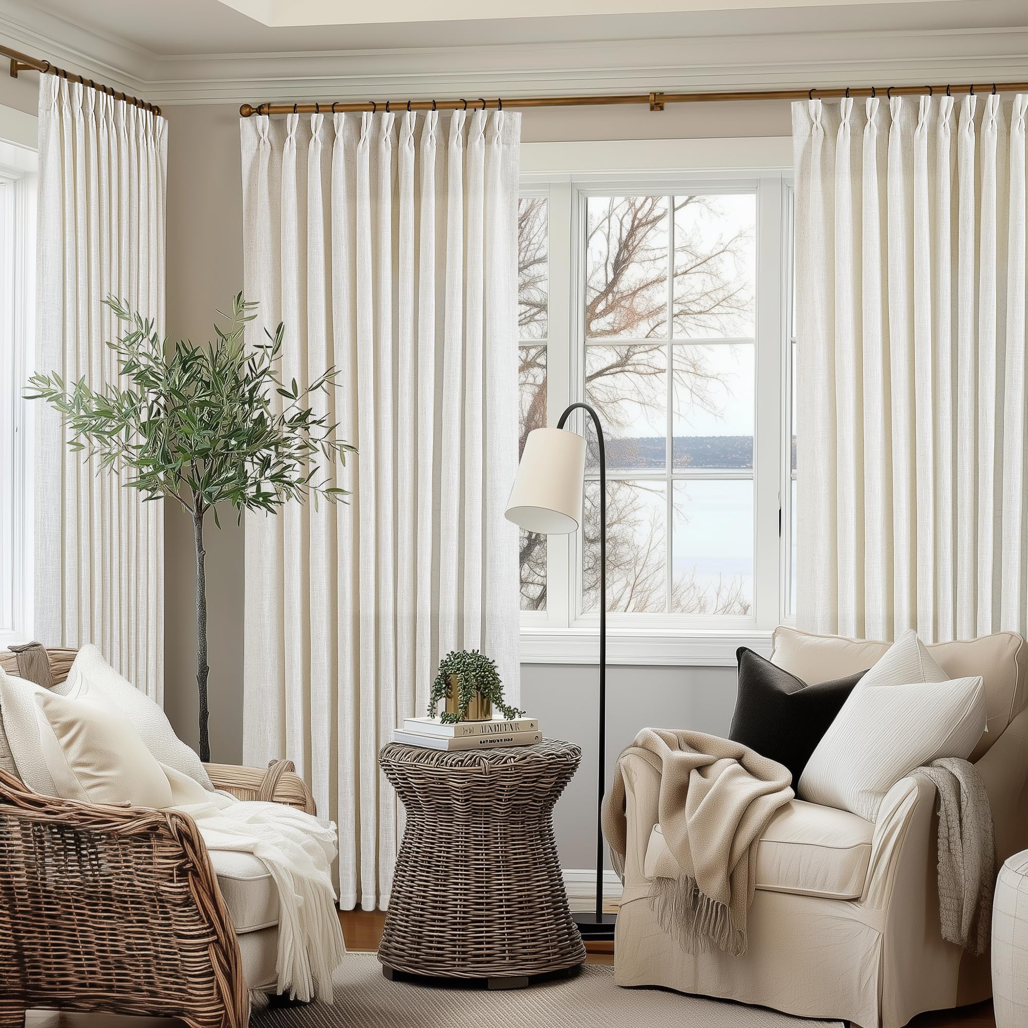 Pinch Pleated Linen Curtains 108 Inches Long for Living Room 2 Panels Set Cream Ivory Flax Double Pleated Drapes Back Tab Neutral Boho Ceiling Floor 108 Inch Window Curtains Bedroom Natural Birch