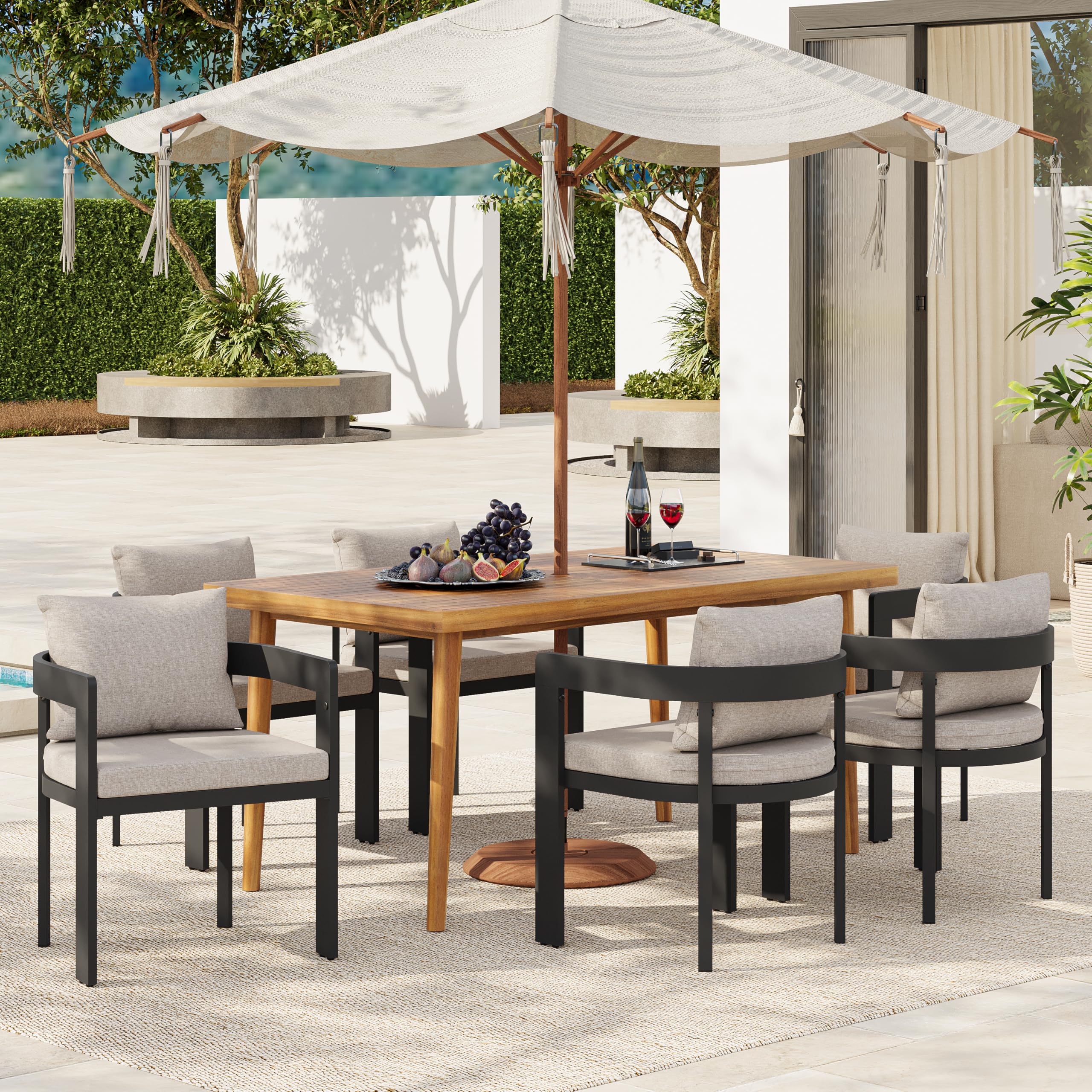 Christopher Knight Home Elko Acacia Wood Outdoor Dining Set for 6, Wooden 7 Piece Patio Dining Table Set, Outdoor Metal Dining Chair and Table Set with Cushion, Patio Furniture Set, Teak+Light Gray