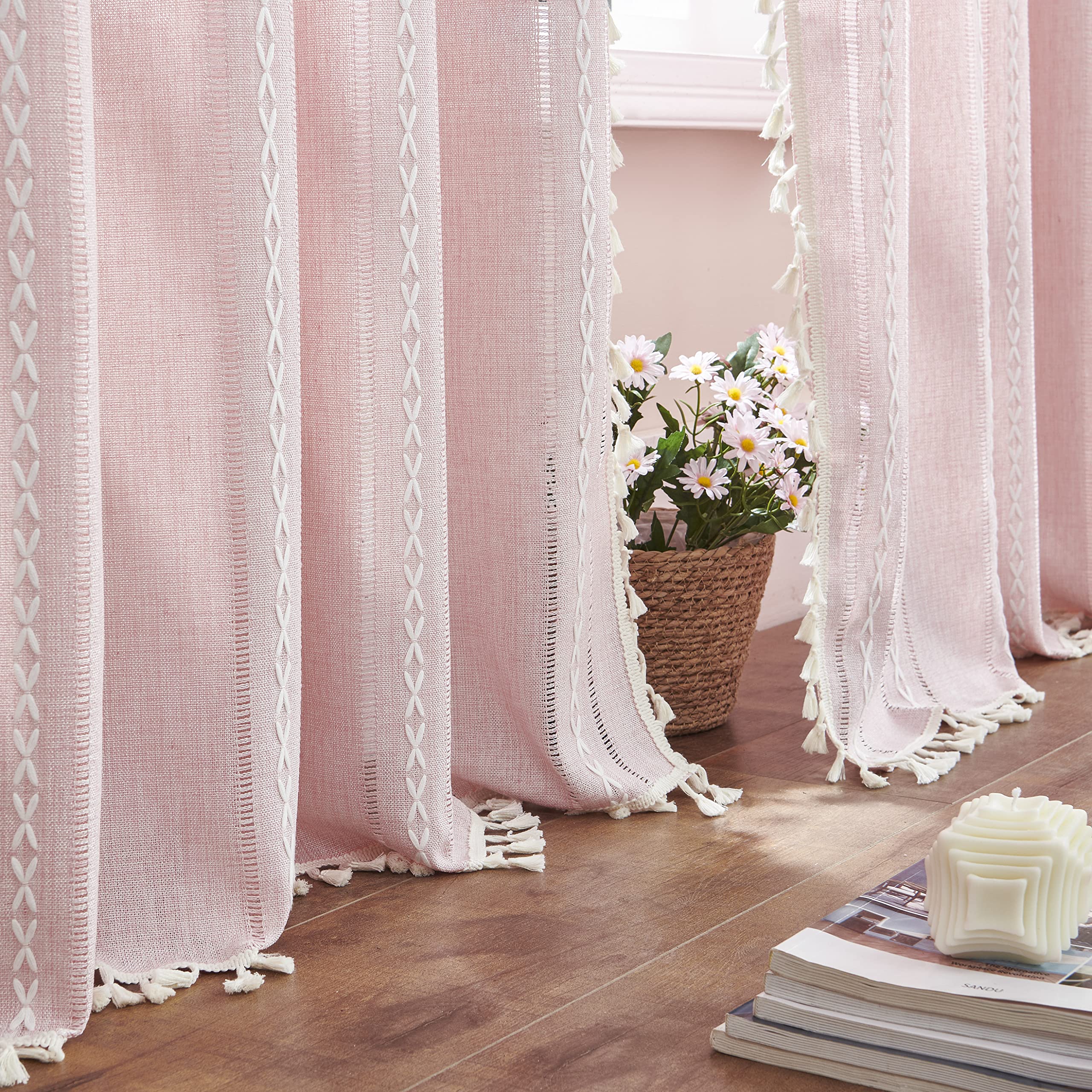 Boho Curtains Semi-Blackout 84 Inch 2 Panels for Living Room, Linen Tassels Farmhouse Curtains with Embroidery for Bedroom Rod Pocket Draperies 52" W x 84" L, Off White