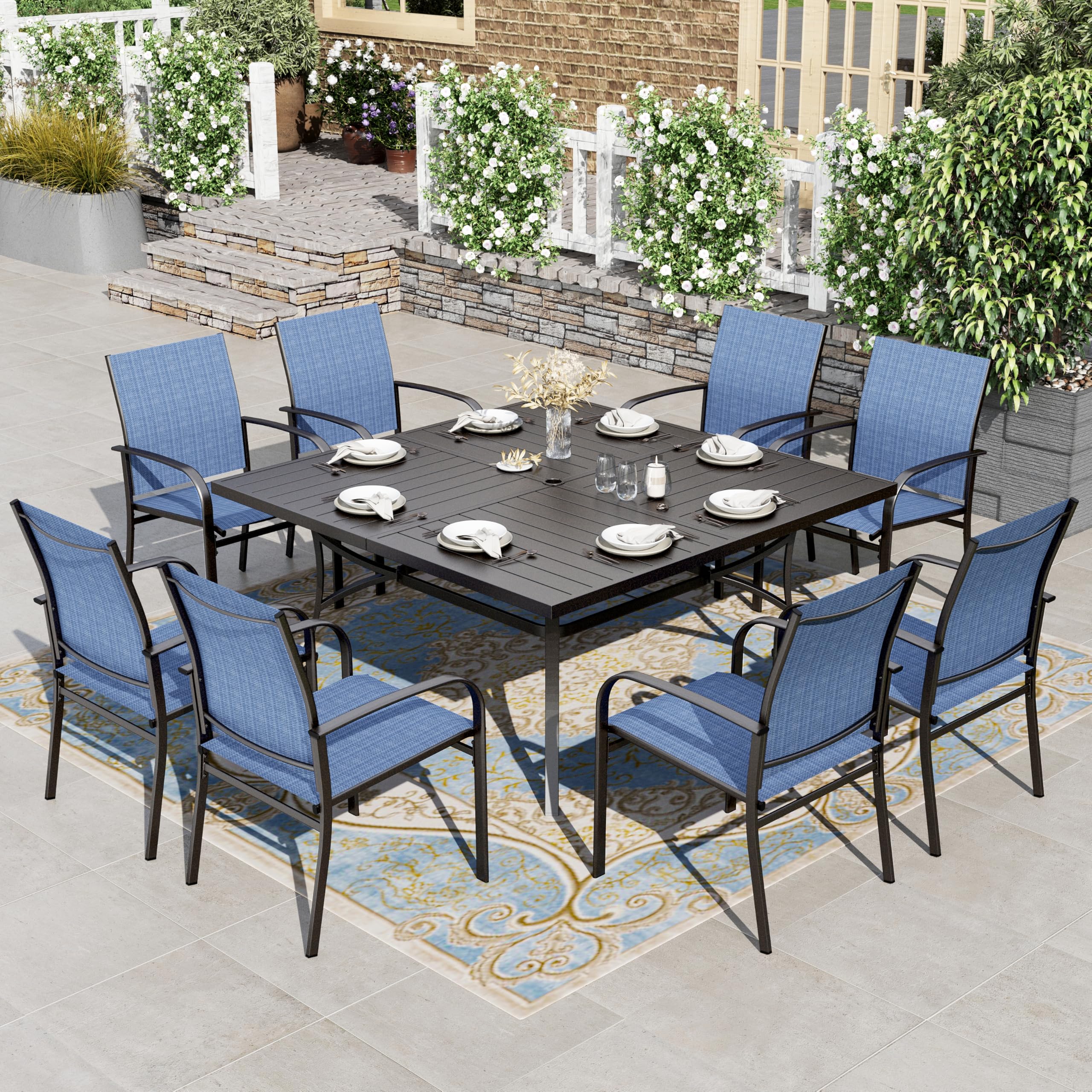 HERA'S HOUSE Patio Table and Chairs for 6, 7 Pieces Outdoor Deck Dining Sets, Wood-Like Rectangular Metal Table Set with Chairs for Lawn Garden Backyard, Brown